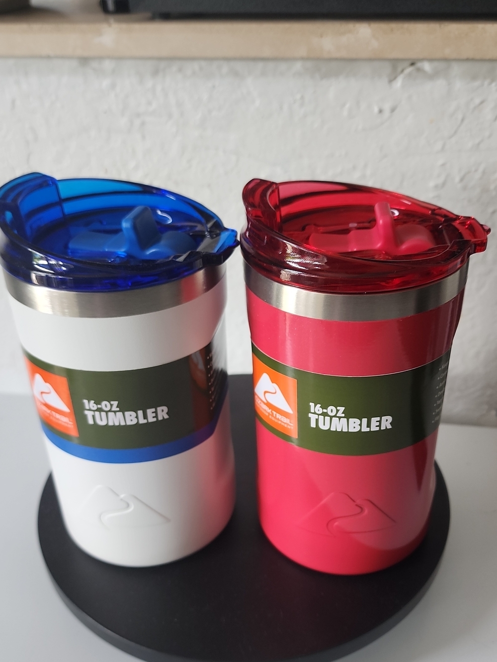 Ozark Trail 16-oz Tumblers in White with Blue Lid & Red with Red Lid Sets